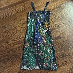 Flapper style peacock Black,  Green and Blue bead and sequin Embellished Dress